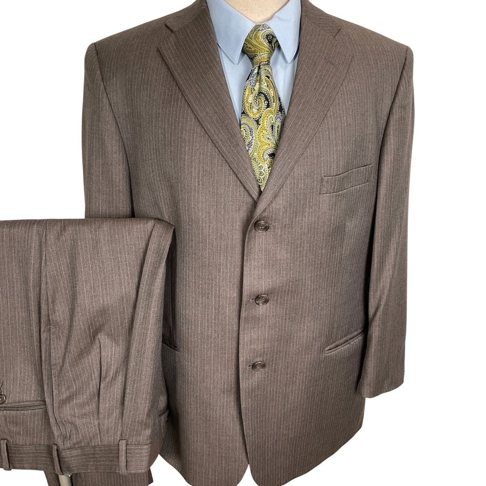 Tom James Suit Mens 42S Brown Pink Pinstripe Wool Jacket Pants Wool Chile VTG